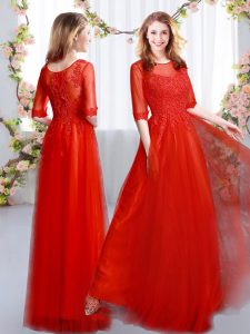 Free and Easy Red Scoop Neckline Lace Quinceanera Court Dresses Half Sleeves Zipper
