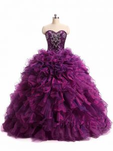 Modern Sleeveless Floor Length Beading and Ruffles Lace Up 15th Birthday Dress with Purple