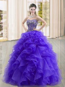 Dynamic Purple Quinceanera Gown Military Ball and Sweet 16 and Quinceanera with Beading and Ruffles Sweetheart Sleeveless Lace Up