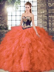 Inexpensive Orange Red Organza Lace Up Quinceanera Gown Sleeveless Floor Length Beading and Embroidery