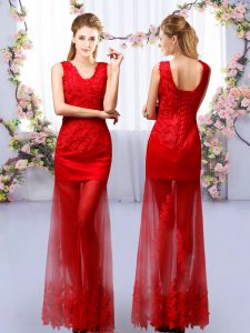 Red Column/Sheath V-neck Sleeveless Tulle Floor Length Lace Up Lace Quinceanera Court Dresses