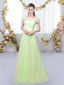 Customized Tulle Cap Sleeves Floor Length Damas Dress and Appliques