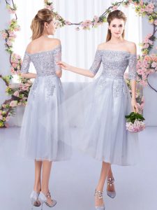 Grey Half Sleeves Lace Tea Length Dama Dress for Quinceanera