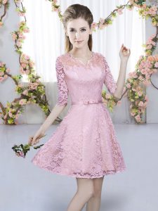 Custom Design Pink Half Sleeves Lace Zipper Court Dresses for Sweet 16 for Prom and Party