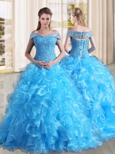 Organza Sleeveless Sweet 16 Quinceanera Dress Sweep Train and Beading and Lace and Ruffles
