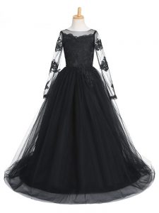 Black A-line Scoop Long Sleeves Tulle Brush Train Clasp Handle Lace Little Girls Pageant Gowns