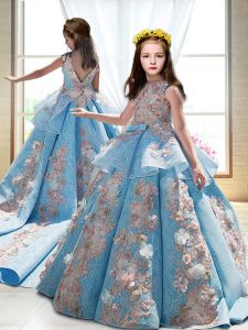 Dazzling Blue Ball Gowns Appliques Little Girl Pageant Gowns Backless Satin Sleeveless