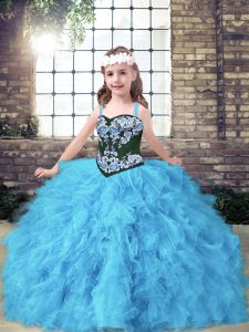 Baby Blue Ball Gowns Tulle Straps Sleeveless Embroidery and Ruffles Floor Length Lace Up Little Girl Pageant Gowns