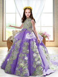 Super Lavender High-neck Neckline Appliques Little Girls Pageant Gowns Sleeveless Backless