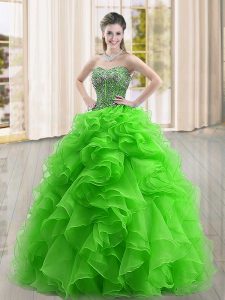 Amazing Sweetheart Sleeveless 15 Quinceanera Dress Floor Length Beading and Ruffles Green Organza