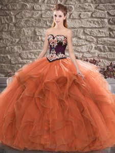 Discount Sleeveless Tulle Floor Length Lace Up Quinceanera Dresses in Orange with Beading and Embroidery