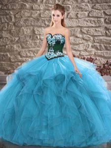 Sexy Blue Ball Gowns Sweetheart Sleeveless Tulle Floor Length Lace Up Beading and Embroidery Quinceanera Dresses