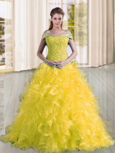 Yellow Lace Up Off The Shoulder Beading and Lace and Ruffles Sweet 16 Dress Organza Sleeveless Sweep Train