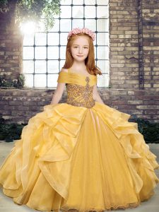 Ball Gowns Little Girls Pageant Dress Gold Off The Shoulder Organza Sleeveless Floor Length Lace Up