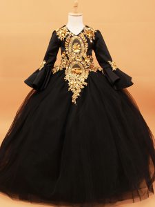 Inexpensive Black Ball Gowns Tulle V-neck Long Sleeves Beading and Appliques Floor Length Little Girl Pageant Gowns