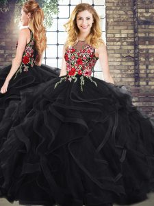 Stunning Black Ball Gowns Scoop Sleeveless Zipper Embroidery and Ruffles Quinceanera Gowns