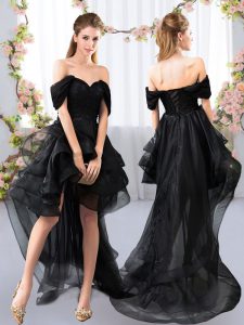 Black A-line Off The Shoulder Short Sleeves Tulle High Low Lace Up Lace and Ruffled Layers Quinceanera Court Dresses