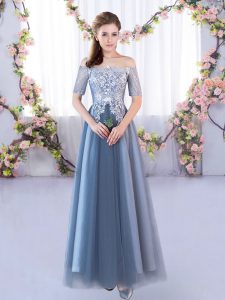 Eye-catching Blue Dama Dress for Quinceanera Prom and Party and Wedding Party with Lace Off The Shoulder Short Sleeves Lace Up