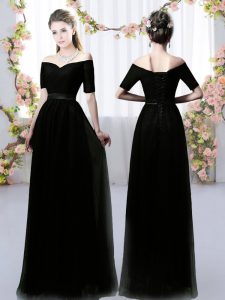 Empire Dama Dress for Quinceanera Black Off The Shoulder Chiffon Short Sleeves Floor Length Lace Up