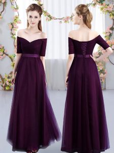 Dynamic Ruching Dama Dress Dark Purple Lace Up Short Sleeves Floor Length