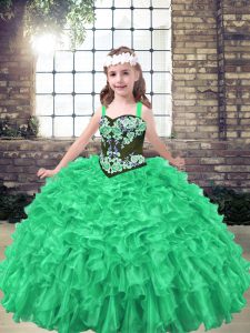 Green Pageant Gowns For Girls Party and Wedding Party with Embroidery and Ruffles Straps Sleeveless Lace Up