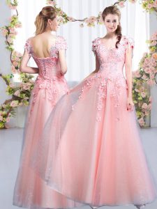 Pink Empire Beading and Appliques Quinceanera Court of Honor Dress Lace Up Tulle Cap Sleeves Floor Length