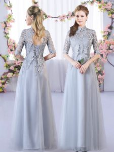 Grey Half Sleeves Floor Length Lace Lace Up Quinceanera Court Dresses