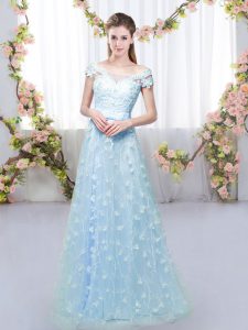 Edgy Blue Empire Appliques Quinceanera Court of Honor Dress Lace Up Tulle Cap Sleeves Floor Length