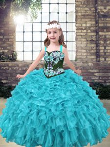 Fancy Aqua Blue and Turquoise Sleeveless Embroidery and Ruffles Floor Length Child Pageant Dress