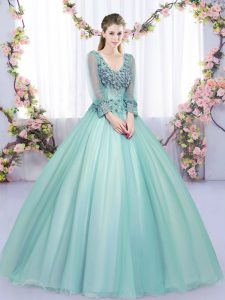 Apple Green Tulle Lace Up Quinceanera Gown Long Sleeves Floor Length Lace and Appliques