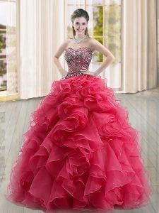 Cheap Coral Red Ball Gowns Organza Sweetheart Sleeveless Beading and Ruffles Floor Length Lace Up 15 Quinceanera Dress