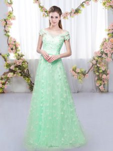 Admirable Apple Green Off The Shoulder Lace Up Appliques Quinceanera Court Dresses Cap Sleeves
