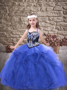 Floor Length Royal Blue Kids Pageant Dress Straps Sleeveless Lace Up
