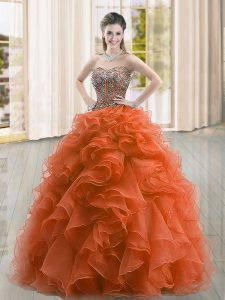 Rust Red Sleeveless Beading and Ruffles Floor Length Quince Ball Gowns