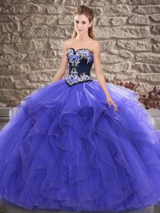 Luxurious Sweetheart Sleeveless Quinceanera Gown Floor Length Beading and Embroidery Purple Tulle