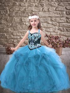 Embroidery and Ruffles Little Girl Pageant Gowns Baby Blue Lace Up Sleeveless Floor Length