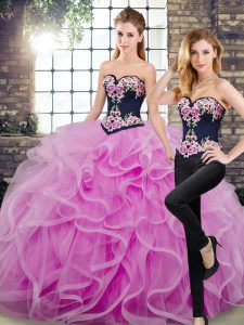 Lilac Tulle Lace Up Sweet 16 Dress Sleeveless Floor Length Sweep Train Embroidery and Ruffles