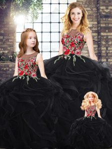 Admirable Black Sweet 16 Dresses Military Ball and Sweet 16 and Quinceanera with Embroidery and Ruffles Scoop Sleeveless Zipper