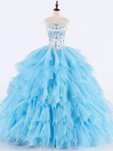 Perfect Tulle Sweetheart Sleeveless Lace Up Beading and Ruffles Sweet 16 Dresses in Baby Blue