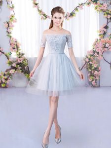 Clearance Tulle Off The Shoulder Short Sleeves Lace Up Lace Dama Dress for Quinceanera in Grey