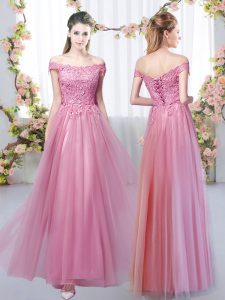 Enchanting Pink Empire Lace Quinceanera Dama Dress Lace Up Tulle Sleeveless Floor Length