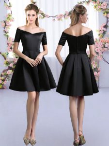 Custom Designed Black Satin Zipper Off The Shoulder Short Sleeves Mini Length Quinceanera Court Dresses Ruching