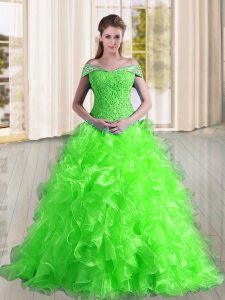 Unique Sleeveless Sweep Train Lace Up Beading and Lace and Ruffles Quince Ball Gowns