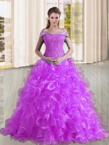 Purple Lace Up Off The Shoulder Beading and Lace and Ruffles Ball Gown Prom Dress Organza Sleeveless Sweep Train
