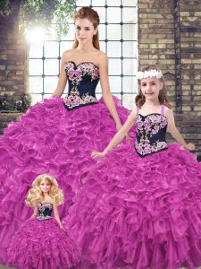 Fuchsia Ball Gowns Sweetheart Sleeveless Organza Lace Up Embroidery and Ruffles 15th Birthday Dress