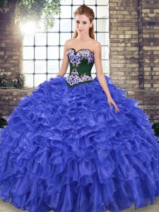 Royal Blue Sleeveless Embroidery and Ruffles Lace Up Ball Gown Prom Dress