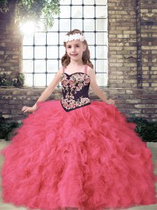 Beautiful Ball Gowns Little Girl Pageant Dress Coral Red Straps Tulle Sleeveless Floor Length Lace Up