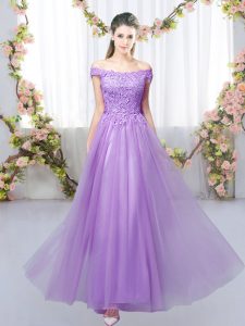 Glittering Off The Shoulder Sleeveless Quinceanera Dama Dress Floor Length Lace Lavender Tulle