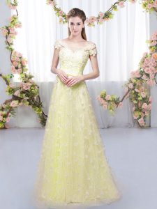 Elegant Light Yellow Tulle Lace Up Off The Shoulder Cap Sleeves Floor Length Quinceanera Court of Honor Dress Appliques
