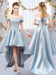 Chic Sleeveless Satin High Low Lace Up Quinceanera Dama Dress in Light Blue with Appliques